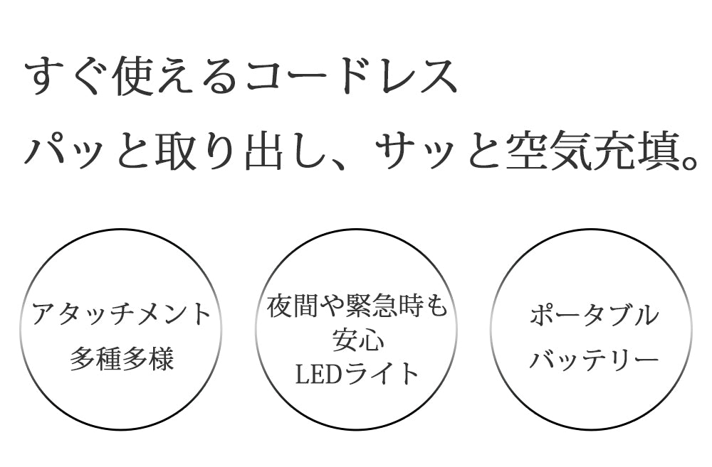 電動空気入れ コードレス 充電式 LEDライト アタッチメント付き ポータブル エアコンプレッサー 車 自動車用 自転車用 ボール タイヤ 空気入れ 電動 携帯空気入れ エアーコンプレッサー 軽量 コンパクト 生活家電