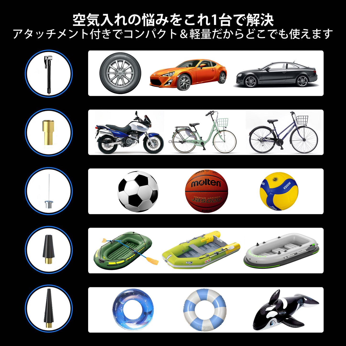 電動空気入れ コードレス 充電式 LEDライト アタッチメント付き ポータブル エアコンプレッサー 車 自動車用 自転車用 ボール タイヤ 空気入れ 電動 携帯空気入れ エアーコンプレッサー 軽量 コンパクト 生活家電