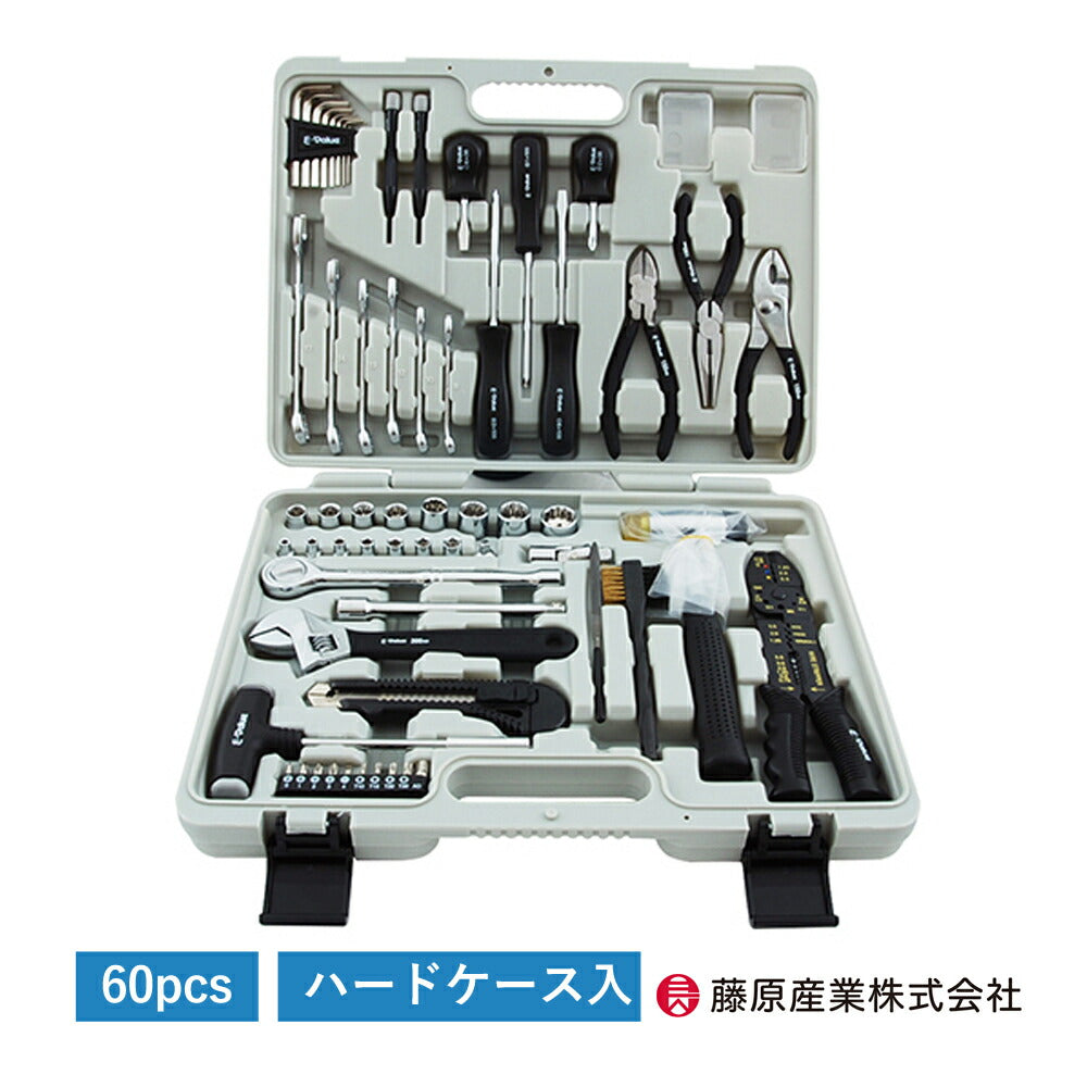 ガレージツールセットE−Valueバイク自動車メンテナンスガレージ工具ドライバーブラシニッパーペンチレンチツールボックス藤原産業ETS-60G