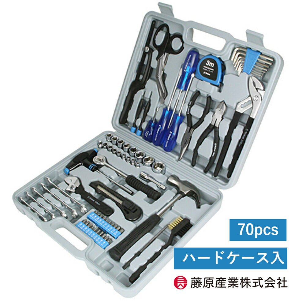 ツールセットE−Value家具住まいメンテナンスホーム工具ドライバーラチェットブラシペンチニッパーレンチツールボックス70pcs藤原産業ETS-70M