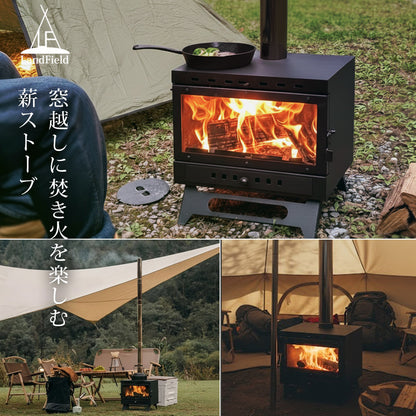 薪ストーブ ガラス窓付き 折りたたみ 煙突付き 耐熱ガラス コンパクト キャンプストーブ アウトドアコンロ 竈 かまど 焚き火 角型ストーブ ウッドストーブ キャンプ アウトドア Landfield 【公式】