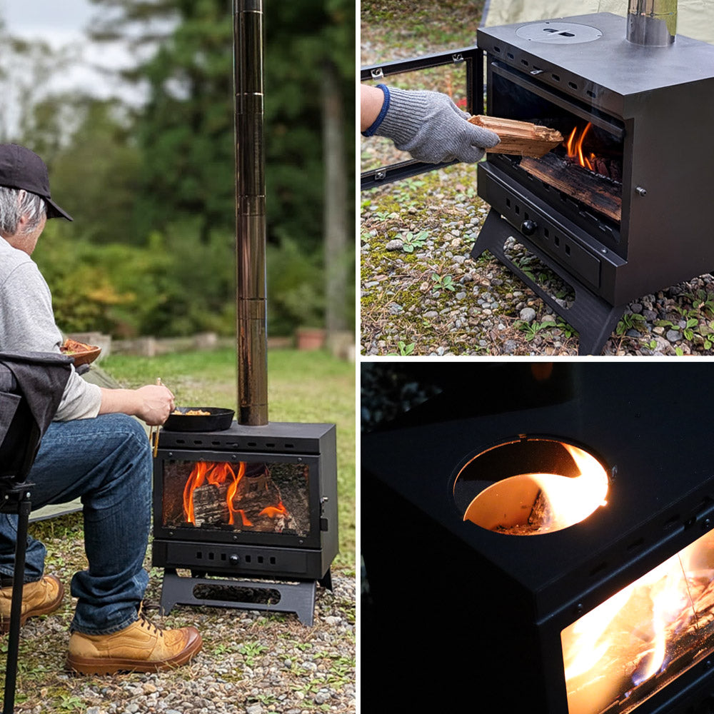 薪ストーブ ガラス窓付き 折りたたみ 煙突付き 耐熱ガラス コンパクト キャンプストーブ アウトドアコンロ 竈 かまど 焚き火 角型ストーブ ウッドストーブ キャンプ アウトドア Landfield 【公式】
