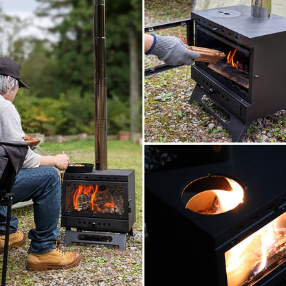 薪ストーブ ガラス窓付き 折りたたみ 煙突付き 耐熱ガラス コンパクト キャンプストーブ アウトドアコンロ 竈 かまど 焚き火 角型ストーブ ウッドストーブ キャンプ アウトドア Landfield 【公式】