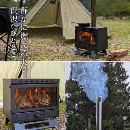 薪ストーブ ガラス窓付き 折りたたみ 煙突付き 耐熱ガラス コンパクト キャンプストーブ アウトドアコンロ 竈 かまど 焚き火 角型ストーブ ウッドストーブ キャンプ アウトドア Landfield 【公式】