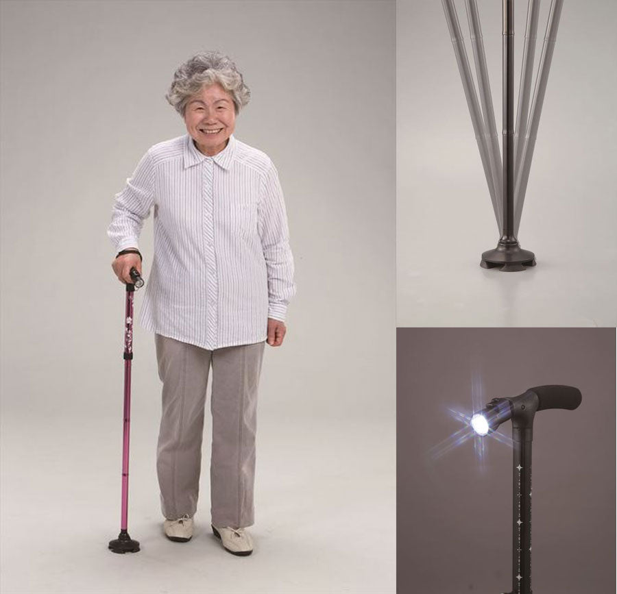 LEDライト付き４点自立お洒落ステッキ WALK SUPPORT LEDライト付き 介護用品 杖 折りたたみ ホルダー 軽量 立ち上がり 散歩 LED 懐中電灯 マリン商事ブラック Se-50091 【代引不可】