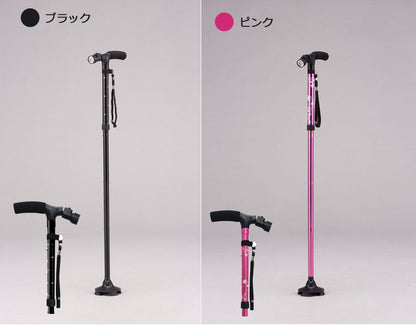 LEDライト付き４点自立お洒落ステッキ WALK SUPPORT LEDライト付き 介護用品 杖 折りたたみ ホルダー 軽量 立ち上がり 散歩 LED 懐中電灯 マリン商事ブラック Se-50091 【代引不可】