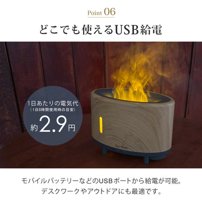 【当店限定180日延長保証】 アロマディフューザー 3D炎ガジェット LEDライト 焚火風 木目調 明るさ調節 ミスト 噴霧式 ファイヤー・ミスト アロマ ディフューザー 加湿器 寝室 リビング オフィス デスク 卓上 小型 コンパクト カラー グラデーション おしゃれ Sunruck サンルック SR-FAH020-NW