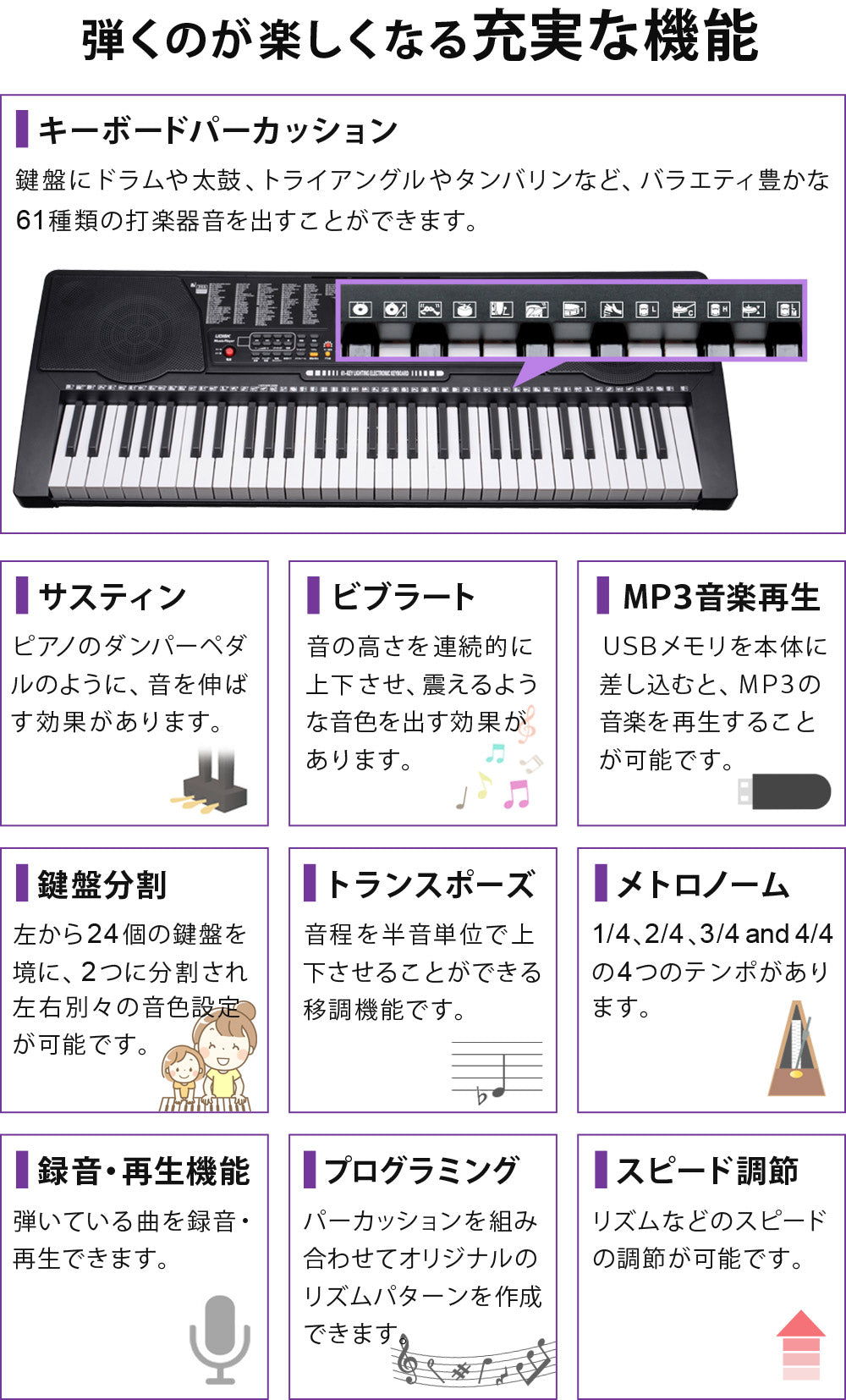 【当店限定180日延長保証】 Sun Ruck 電子キーボード 61鍵盤 1年保証 光る鍵盤 初心者 入門用 電子ピアノ キーボード 光るキーボード LED 発光キー 音楽 楽器 練習 初心者 子供 大人 PlayTouchFlash61 SR-DP04